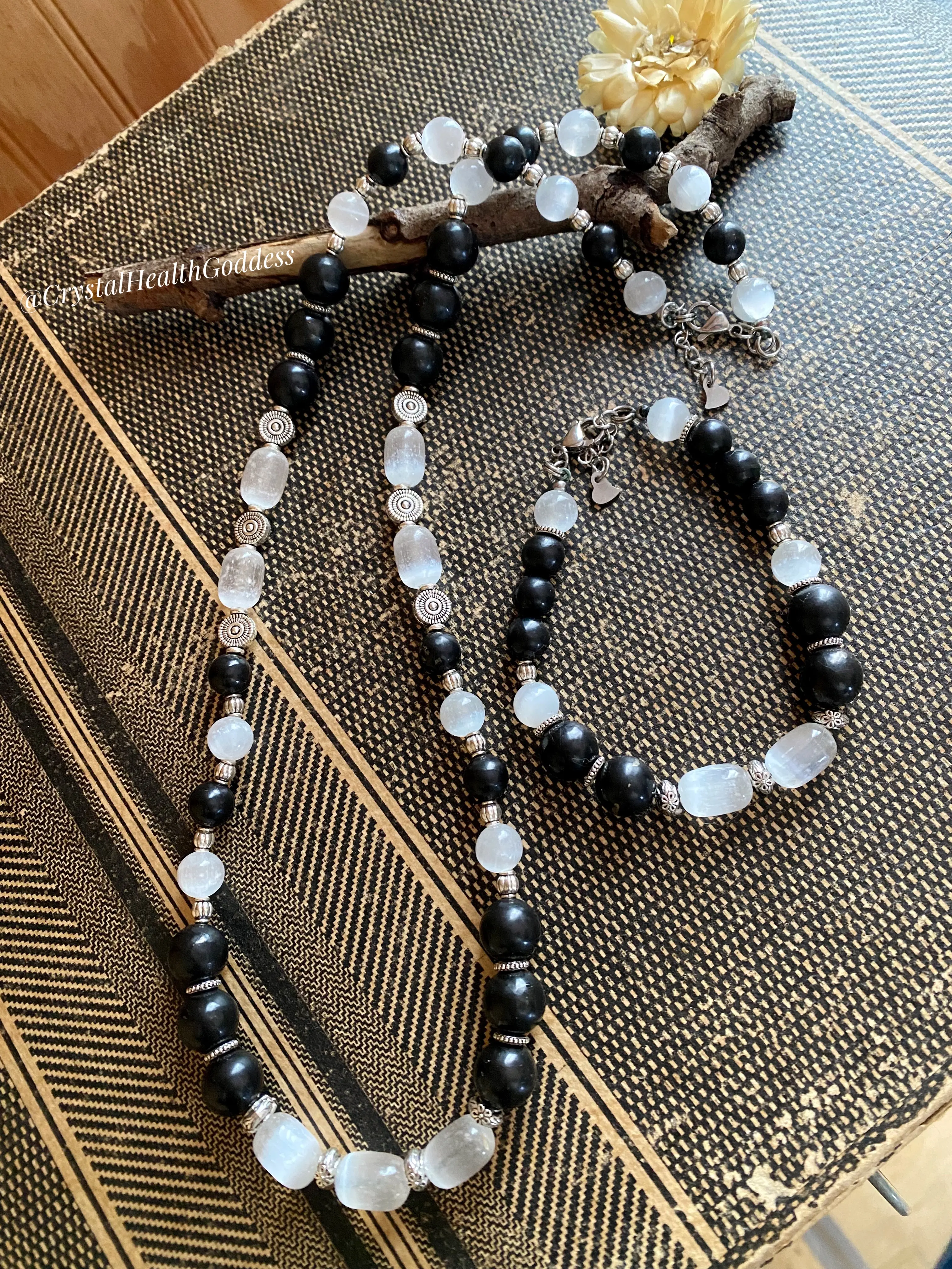 Genuine Shungite With Selenite Necklace + Bracelet Jewelry Set