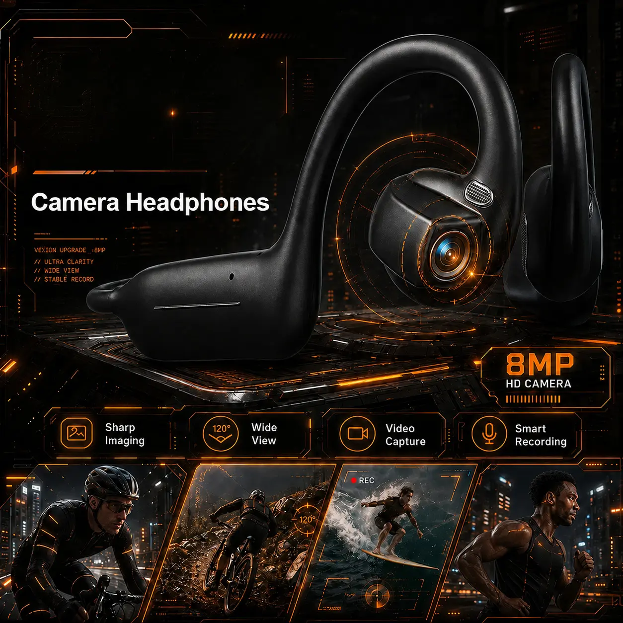 OWS-G206 On-Ear Wireless Bluetooth Headset - Audio Device with 8MP EIS Stabilized Camera, First-Person Perspective, Waterproof Headphones