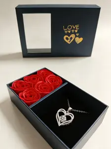 Heart Necklace Fashionable High-End Qixi Valentine's Day Gift, 6 Rose Flower Box, Elegant Jewelry Present for Her