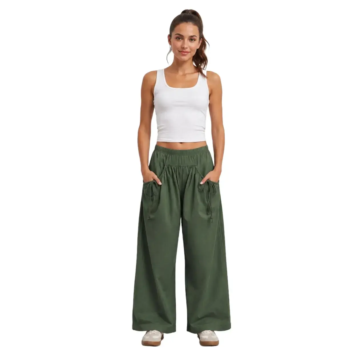 Women's Drawstring Wide Leg Parachute Pants, Y2K Ruched Loose Baggy Cargo Pants, Casual High Waist Streetwear Trousers with Pockets
