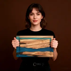 1PC Handcrafted Olive Wood & Blue Epoxy Cutting Board - Rustic River Design - Food Safe - For Kitchen Prep & Charcuterie Serving