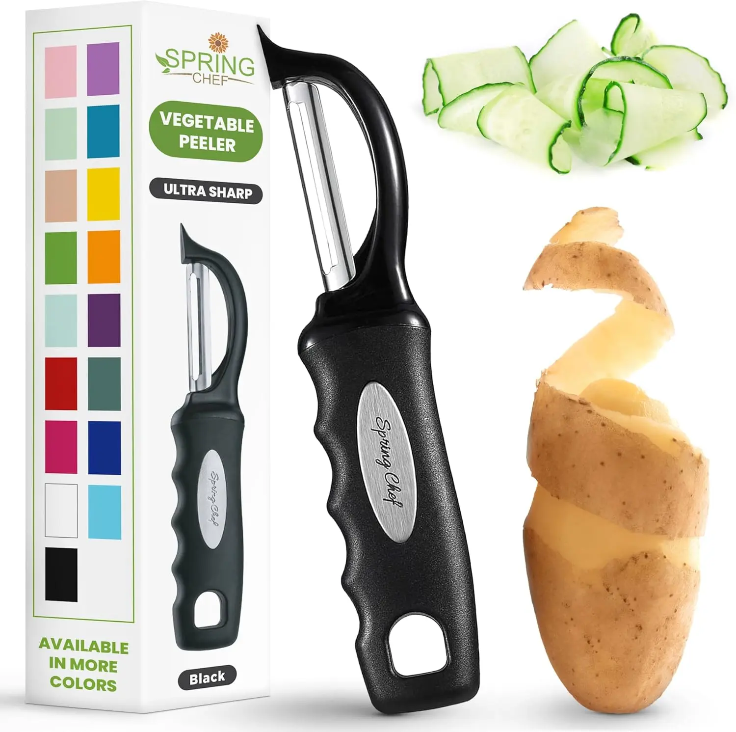Spring Chef Swivel Vegetable Peeler for Kitchen W/Soft Grip Handle, Black | Premium Potato Peeler W/ Ultra Sharp Stainless Steel Blades, Multifunctional Veggie Peeler for Apple, Carrot, Cucumber, Fruit