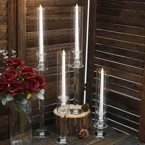 Set of 4 Crystal Glass Hurricane Taper Candle Holders, Clear Cylinder Chimney Tubes - Decorative Tall Candle Stands 14", 18", 22", 26"