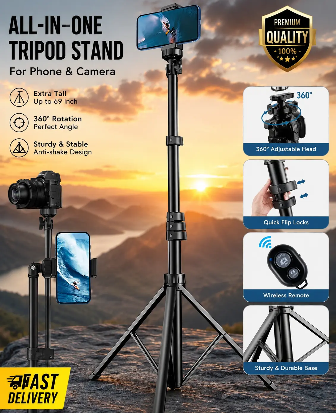 All-in-One Tripod Stand for Phone & Camera Extra Tall 69 Inch 360 Rotation Sturdy Stable Anti-shake Design with Wireless Remote