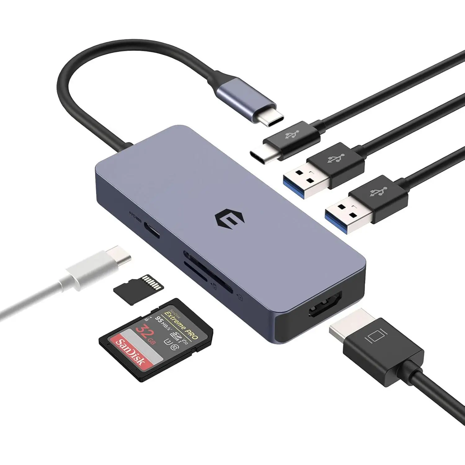 USB C Hub, 7 Ports USB 3.0 Hub with 5Gbps Data Transfer, USB C to HDMI with HDMI, USB C 3.0/2.0, SD/TF, PD 100W Compatible with Type C MacBook, Mac Pro, iMac