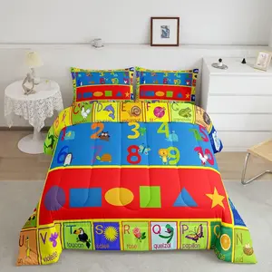 Feelyou 3D Elephant Frog Pattern Educational Bedding Set - Soft Colorful Numbers ABC Alphabet Shapes Themed Luxury Comforter Duvet Set for Learning Fun