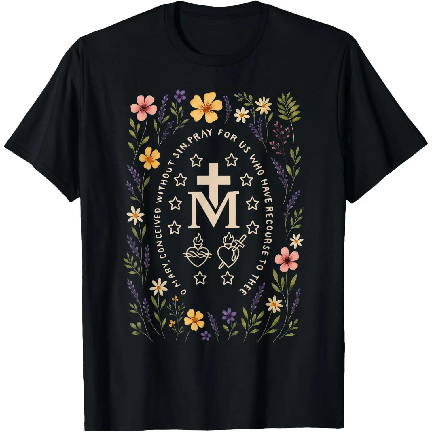 Marian Cross Floral Virgin Mary Catholic Mary T-Shirt