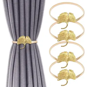 4Pack  Alloy Spring Design Curtain Tiebacks - Leaf Carving Design Curtain Ties for Drapes - Modern Style Holdbacks ( Ginkgo)