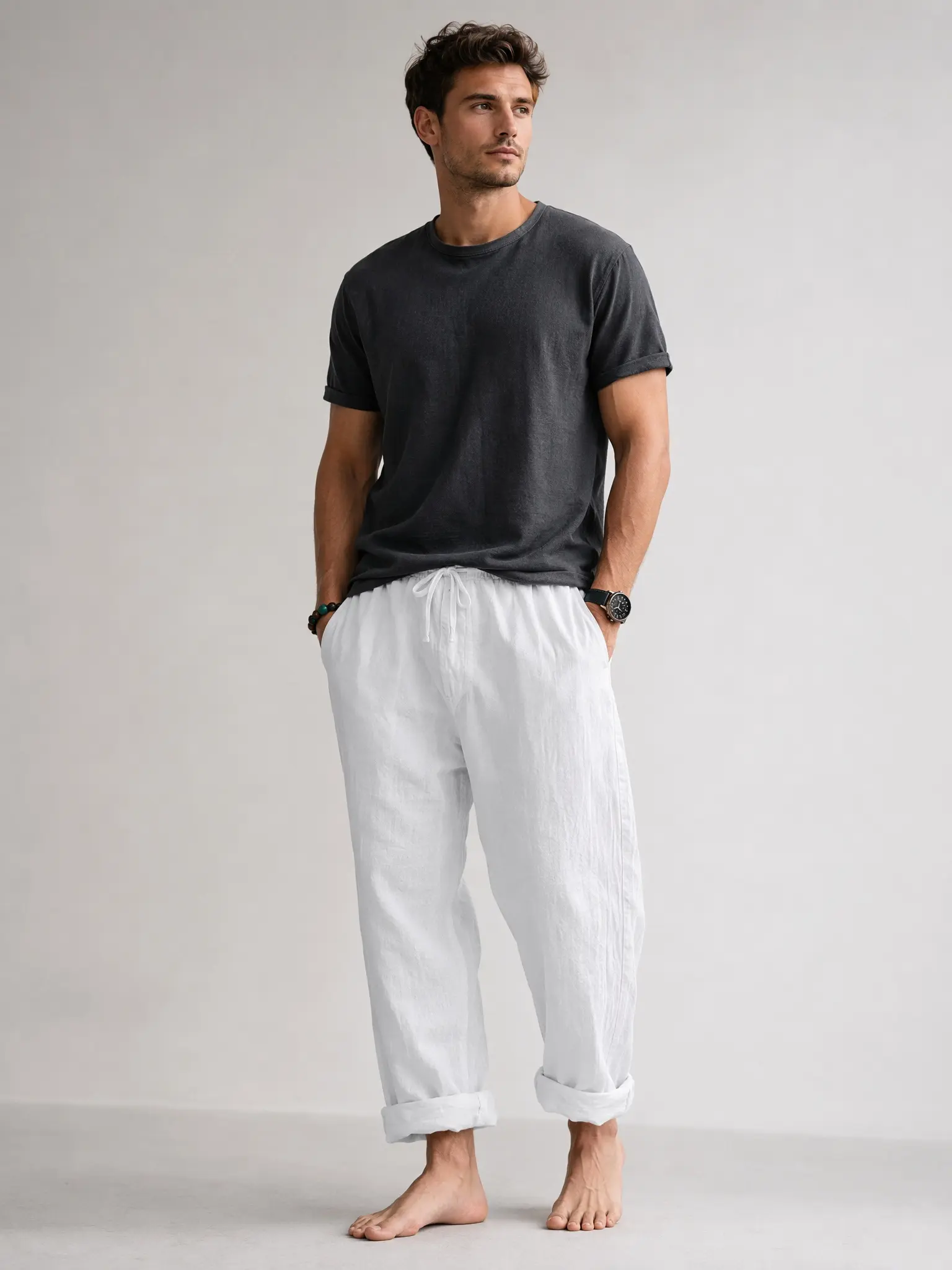 Men's Linen H-Type Woven Pants, Lightweight Summer Retro Casual Bottoms with Relaxed Fit, Drawstring Waist, UV-Protective Breathable Fabric, Minimalist Plain Design for Indoor Gatherings, Outdoor Vacations (XL Available)