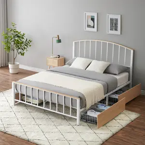 Full Size Platform Bed Frame with 4 Storage Drawers on Wheels Queen Platform Bed Frame with Headboard and Footboard, Mattress Foundation with Metal Slats Support, No Box Spring Needed Bedframe Bedroom Bedframe
