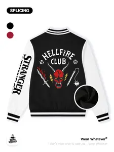 Stranger Things Hellfire Club Graphic Print Baseball Jacket, Casual Fitted Warm Breathable Top, Suitable for Outdoor and Home Wear