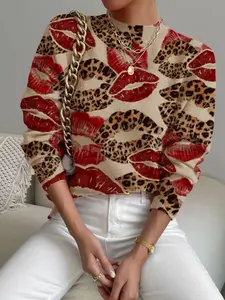 Women's Leopard Print Lip Design Mock Neck Sweater, Cozy Long Sleeve Knit Top for Fall & Winter, Casual and Versatile Women's Clothing
