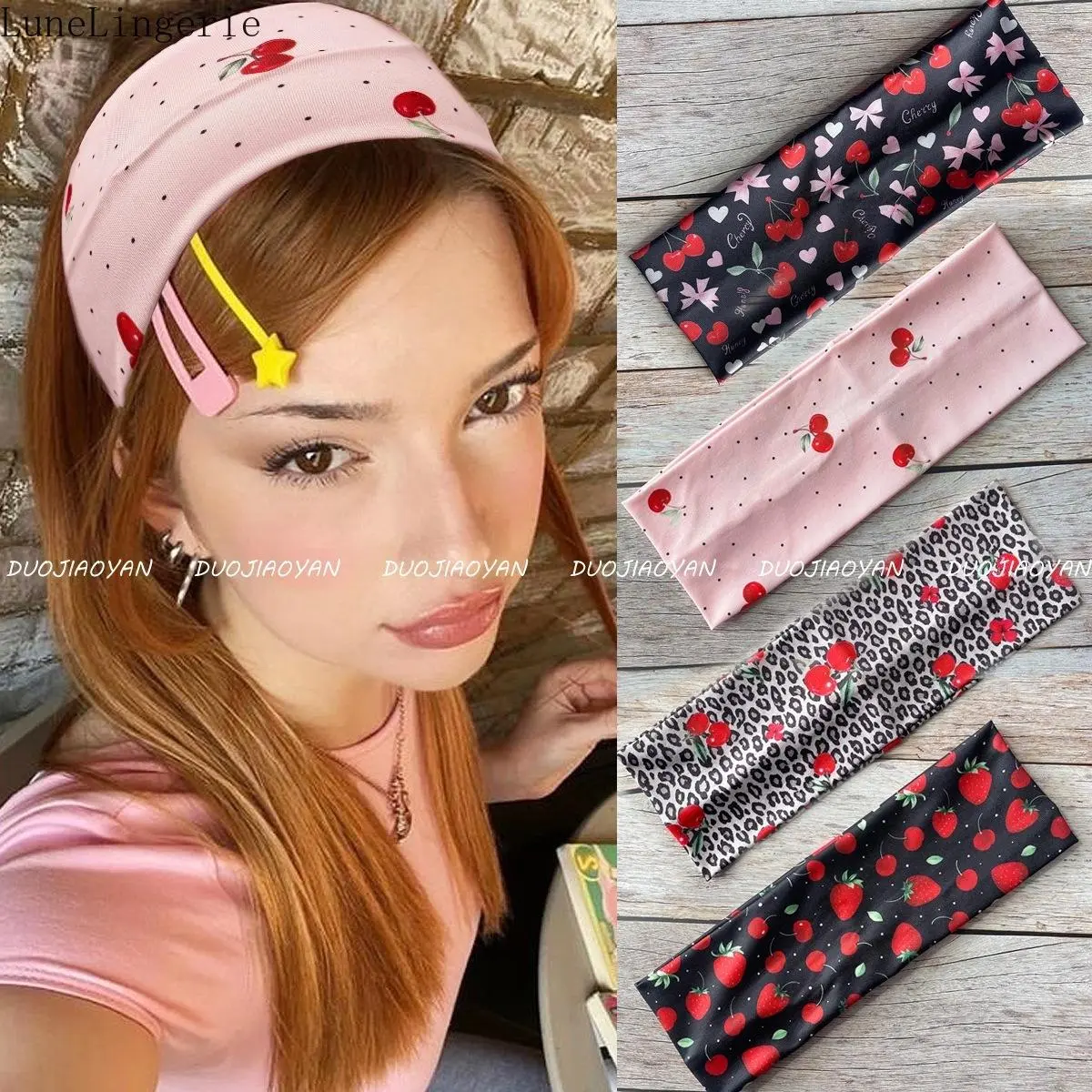 Women's 4-Piece Athleisure Sports Headbands, Soft Non-Slip Strawberry & Leopard Designs for Female Workout & Outdoor Sports, Soft Plastic, Printed Patterns, Wide, Soft, Elastic Wrap
