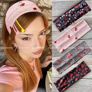 Women's Lune 4PCS Athleisure Sports Headbands - Cherry, Strawberry, Leopard Print Wide Soft Elastic Non-Slip Turban Hair Wraps