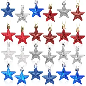 24 count   Ornaments Set, Independence Day Stars Shaped Mini Tree Ornament for Fourth of July  Indoor Outdoor Party Decorations, 3 Assort Styles,  Blue Red