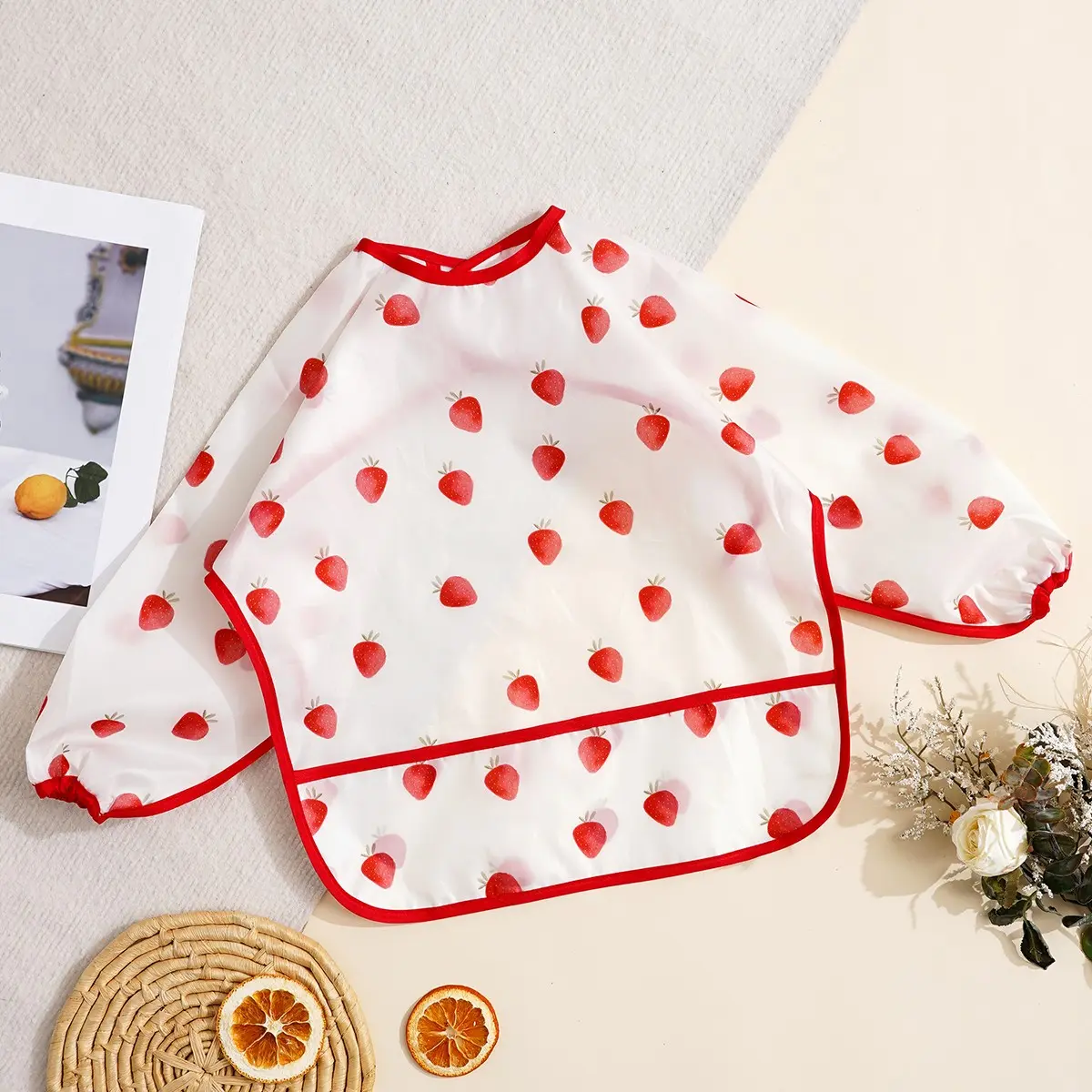 Cute Fruit Waterproof Long Sleeve Bib, 1 Count Washable Feeding Bib, Soft Toddler Drool Bibs for 6-24 Months, Feeding Accessories, Baby Care & Health Supplies