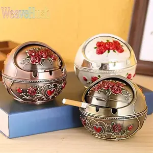 2026 New Vintage Rose Embossed Metal Ashtray with Lid, Windproof Cigarette Ash Tray for Indoor-Outdoor Use, Elegant Room Decor Round Face Tabletop Ornament, Premium Durable Gift for Smokers