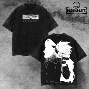 Retro Kakashi Hatake - Naruto Shippuden Graphic Tee Washed – Double Sided Print Oversized Acid-Washed Heavyweight Cotton T-Shirt – Unisex Anime Tee, Perfect Gift for Anime Fans and Lovers Menswear Tops