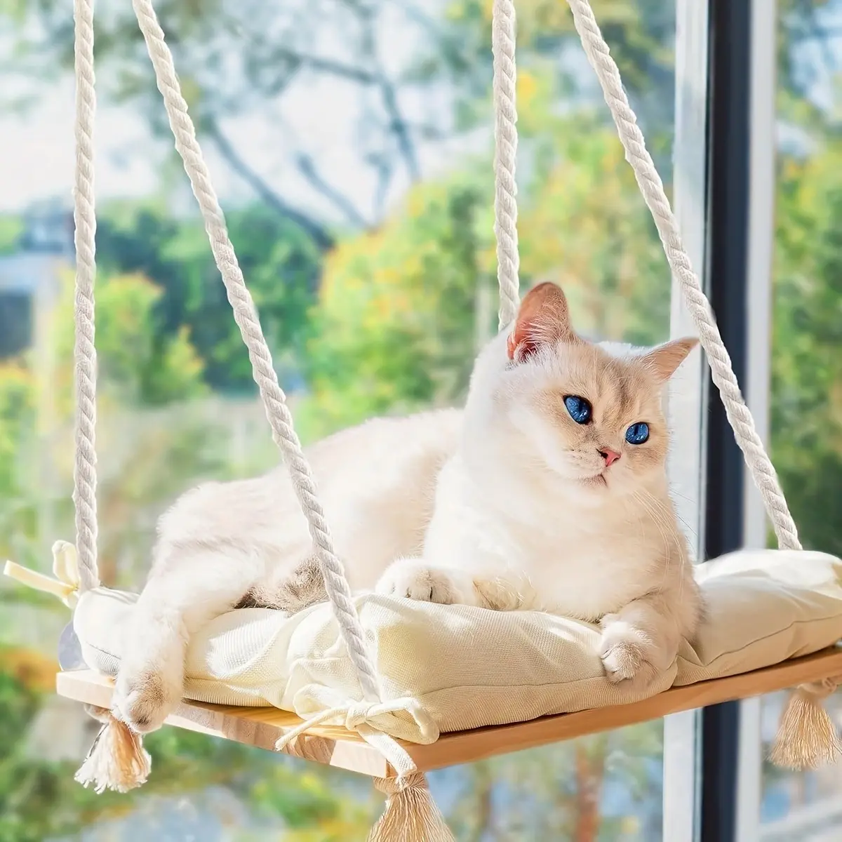 Pet cat windowsill bed Hammock - A stable wooden windowsill frame suitable for both large, small cats and Kitten, with 4 powerful suction cups, soft pads, Cute, beautiful and durable, suitable for indoor viewing and rest