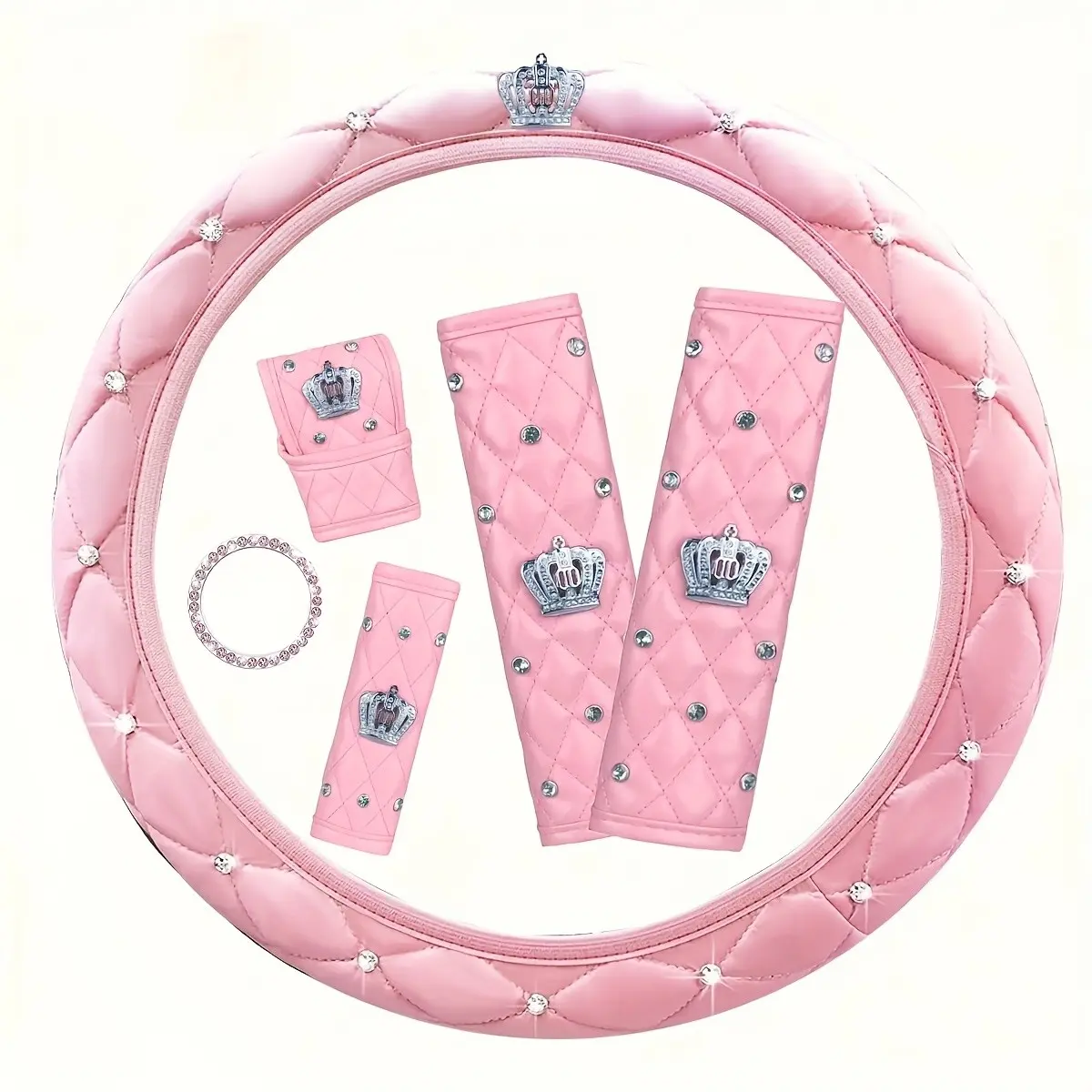 Luxury Shiny Car Interior Set, PU Leather + Crown + Crystal Steering Wheel Cover, Seat Belt Shoulder Protector, Handbrake Cover, Gear Shift Cover, Start Button Ring, Car Interior Accessories