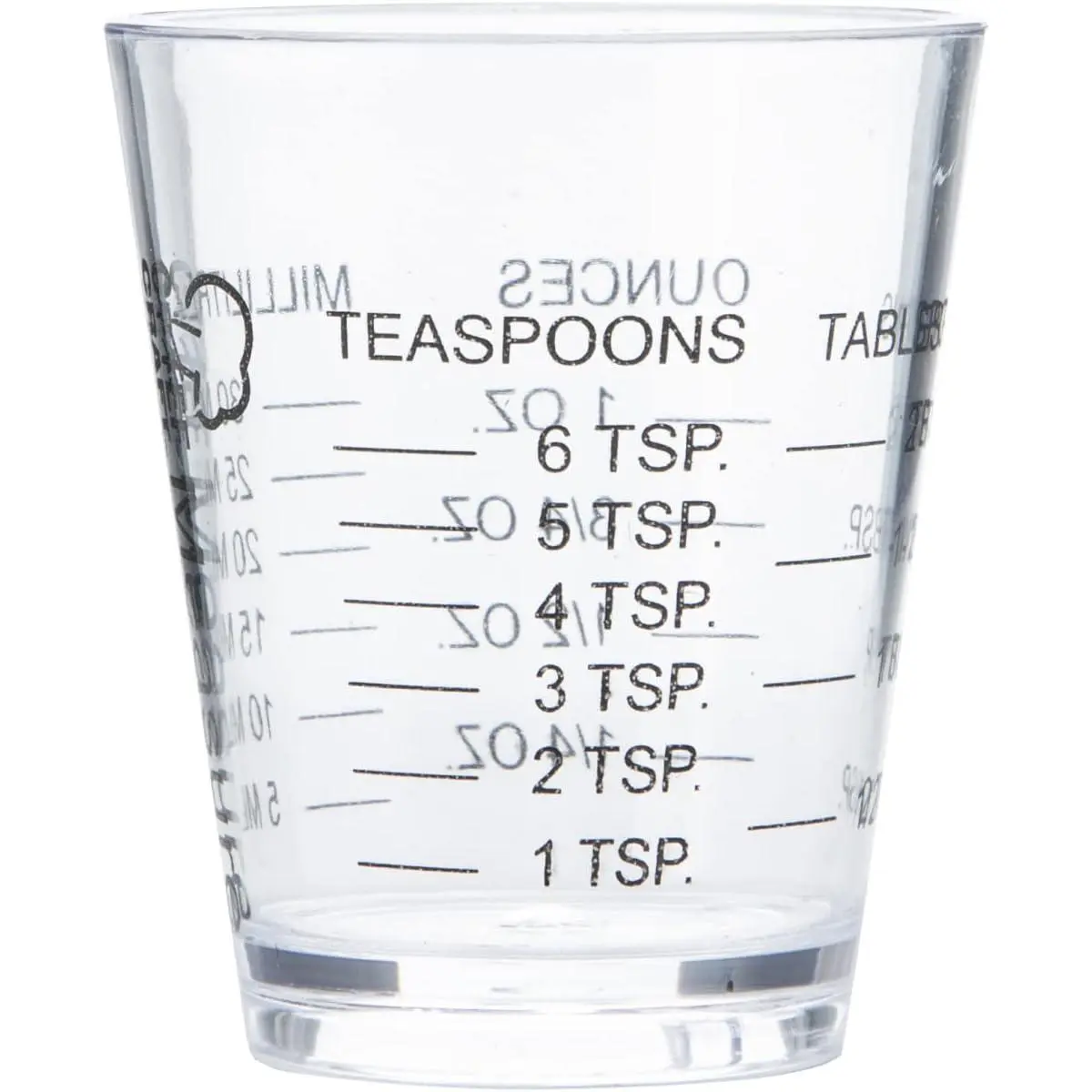 Classic Plastic Shot Glass Measurer, 1 ounce teaspoon/tablespoon, Clear