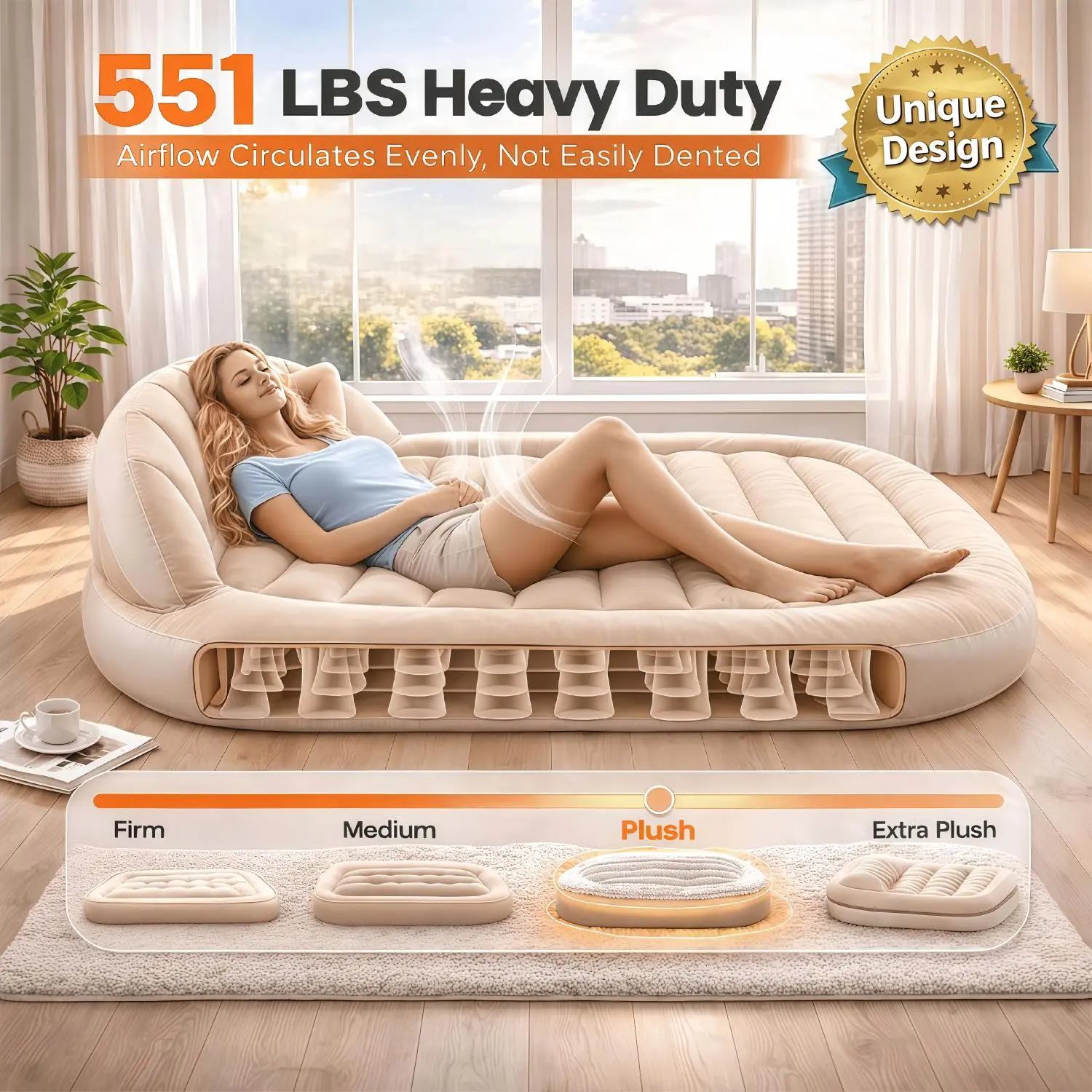 Premium Flocked Fabric Foldable Sleeper Sofa Couch - Built-in Backrest, Multi-Purpose Compact Indoor Lounger, Blow Up Bed for Dorms & Beach Trips, Guest Bedrooms | Free Electric Pump Included