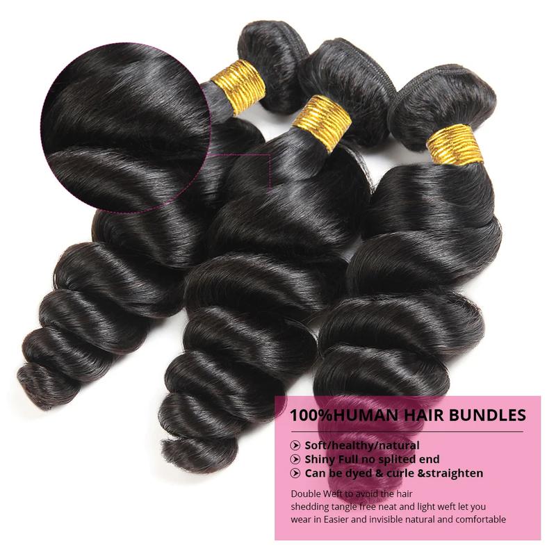 Loose Wave Human Hair Bundle with Closure Brazilian Virgin Hair Loose Wave Bundles Human Hair 3/4 Bundles with 4×4 Lace Closure