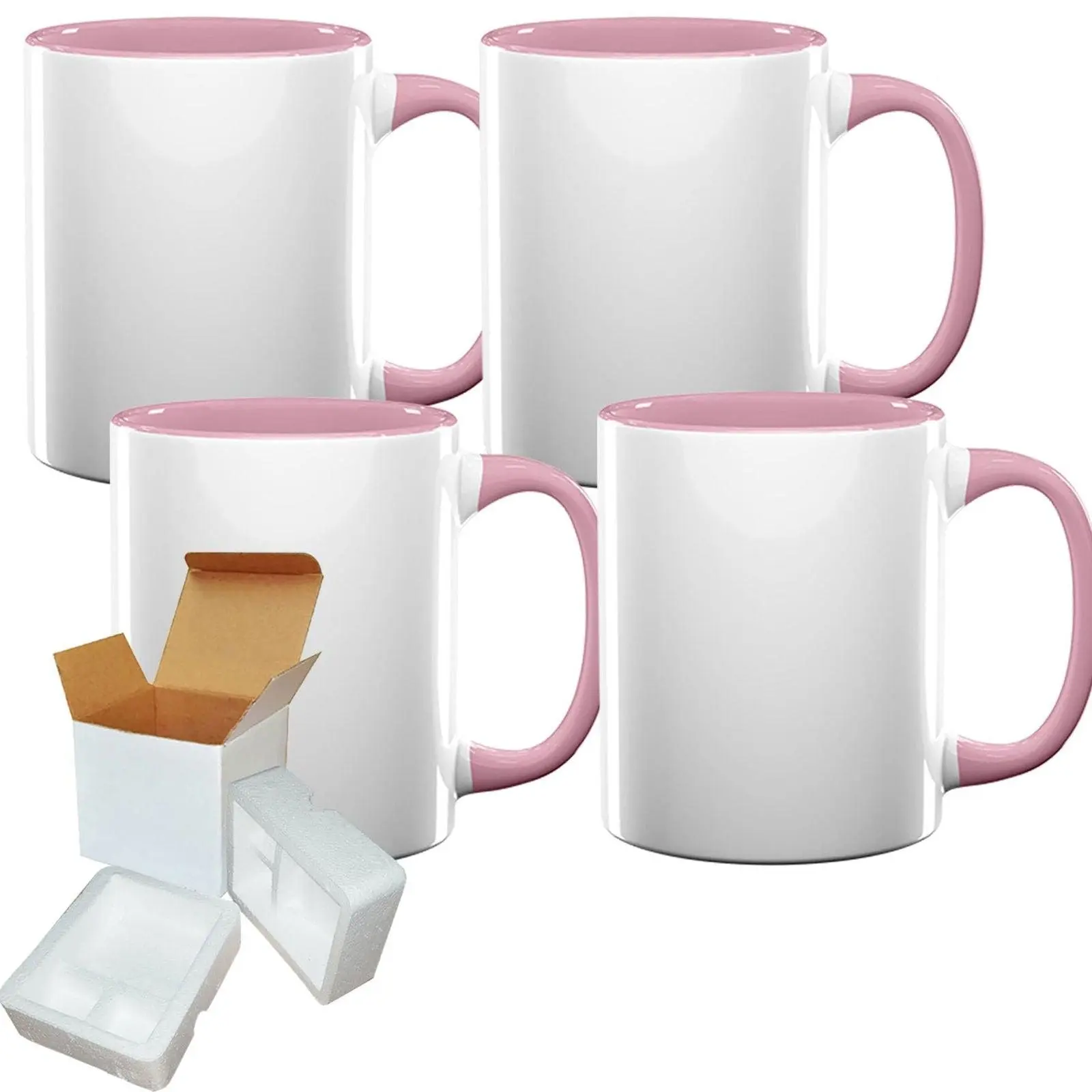 4-Pack 11oz Pink Inner Handle Sublimation Mugs with Foam Shipping Box