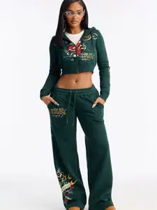 Rhinestone Heart Fleece Zip Up Hoodie - Hunter Green