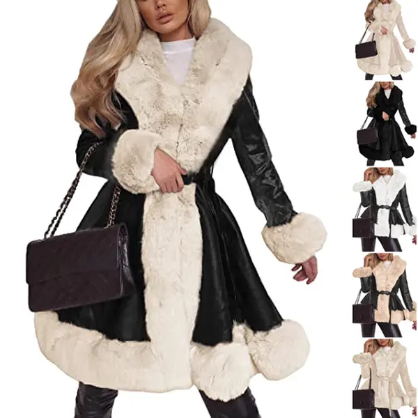 Goranbon Womens Faux Leather Jackets Winter Warm Short/Long Parka Coats with Faux Fur Collar Belt Pockets Slim Fit Soft Fashion Outerwear