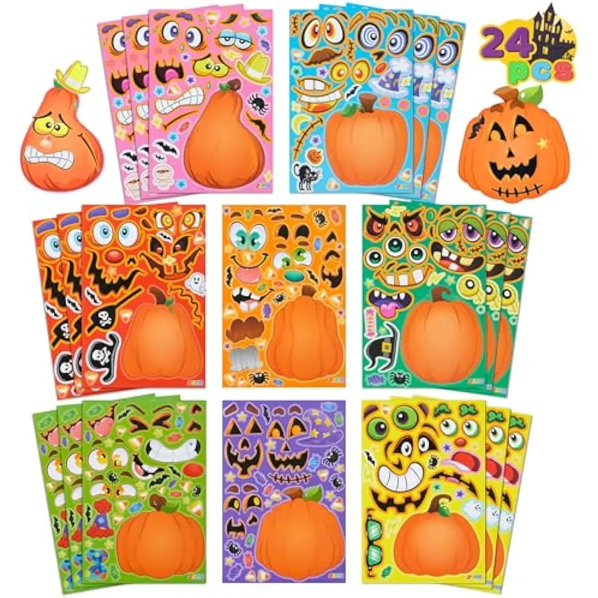 24 Pcs Halloween Pumpkin Decorating Stickers, Party Favor for Kids, Art Crafts Party Supplies, Pumpkin Face Sticker with 8 Designs, Halloween Treats Classroom Activities Games