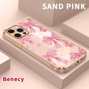 Luxury Plating TPU Mobile Phone Case for iPhone 15 Pro Max 16 14 Plus 13 12 11 X XS Max XR Romantic Bows  Classic Square Deisgn Lightweight Soft Cellphone Cover