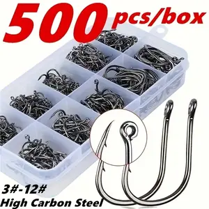 AOYADA 500PCS High Carbon Steel Barb Fishing Hooks Kit, 10 Sizes (3#-12#), Strong Custom Offset, with Tackle Box, for Freshwater, Saltwater, Fishing Tackle Accessories