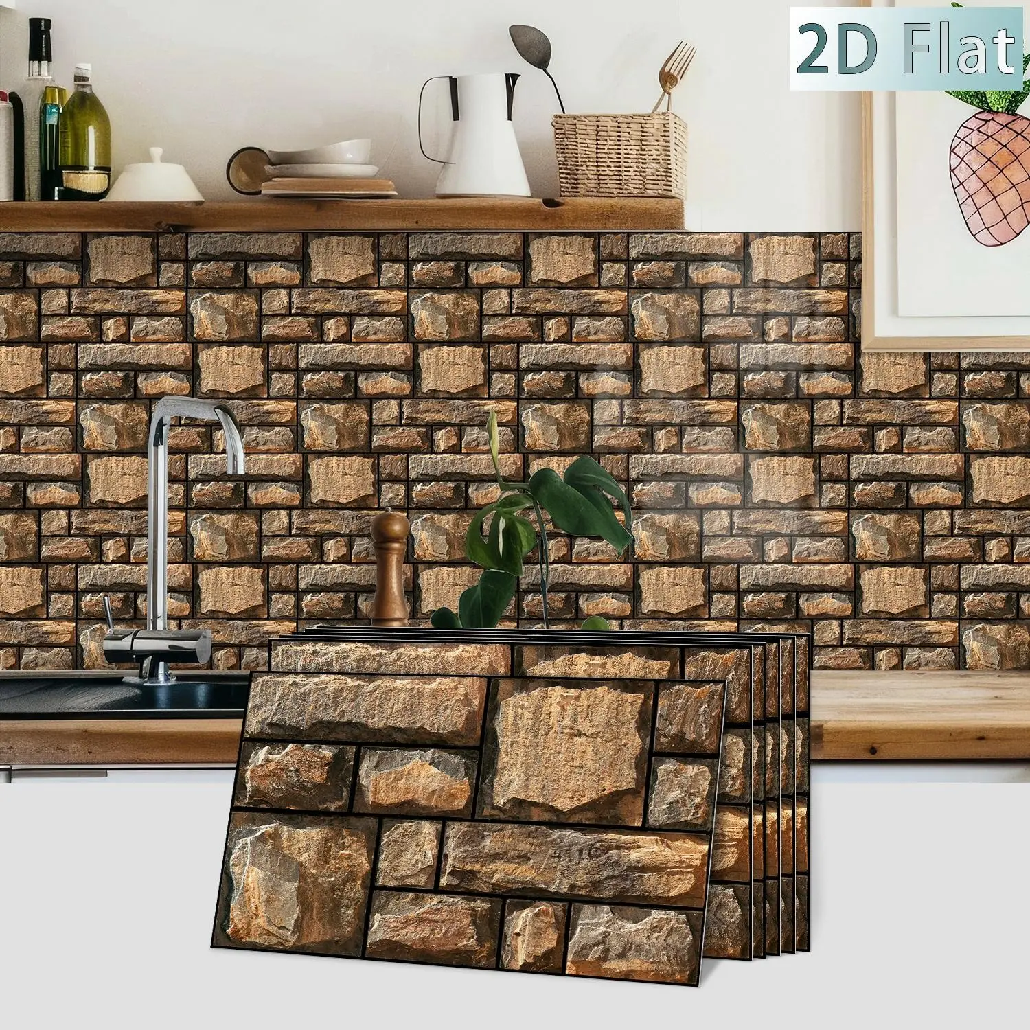 12pcs Vintage Rock Texture 2D Self-Adhesive Tile Stickers, Wall Stickers, Decorative Stickers, Easy to Apply and Remove, Perfect for Kitchen, Bathroom, Bedroom, Living Room Decor