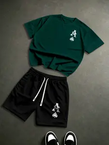 American Street Style Ace Print Short Sleeve T-Shirt and Shorts Matching Set, Casual Loose Fit Two-Piece, Unisex Menswear Summer Fashion