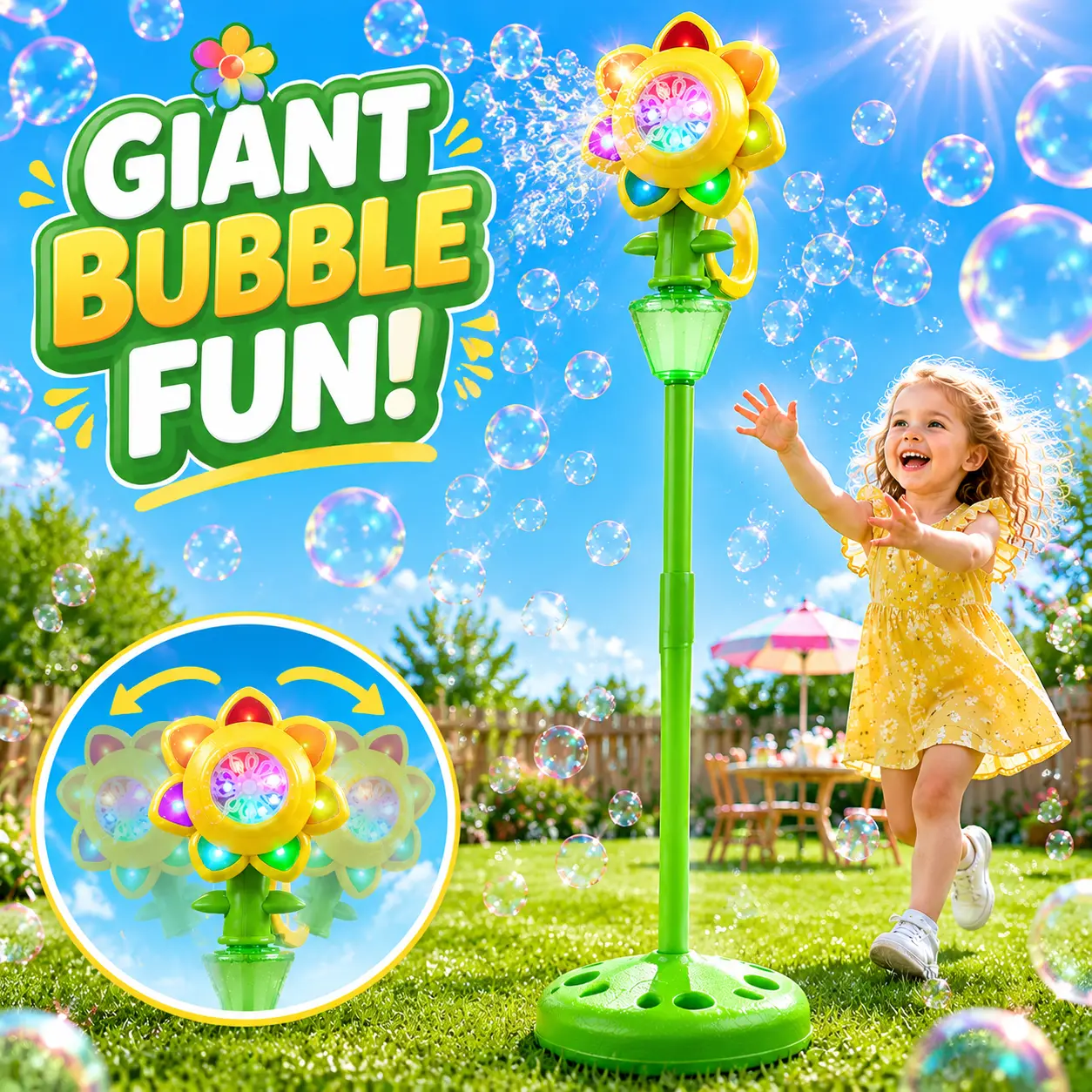 Automatic Flower Bubble Machine for Kid,Rechargeable Sun Flower Bubble Maker with Lights for Parties, Adjustment Height Bubble Machine for Toddlers,Idea for Outdoor Wedding Birthday Gift