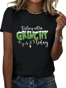 Women's Unisex Oversized "Feeling Extra Grinchy Today" Graphic T-Shirt - Funny Sarcastic Whoville Christmas Holiday Party Top Baggy Black Breathable Caps Cardigans