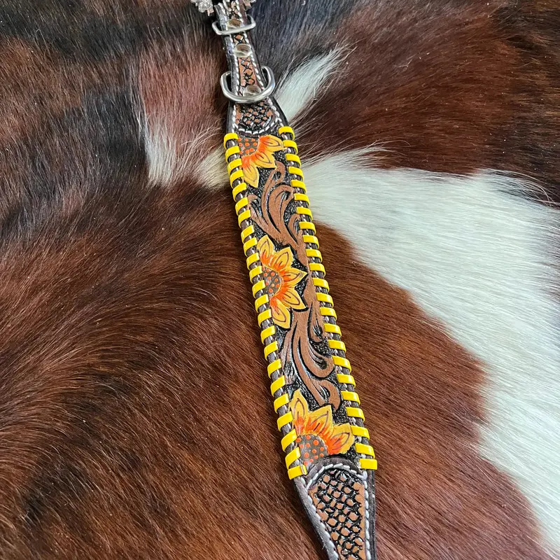 Leather Dog Collar, Dog Accessories with Sunflower Tooling and Yellow Laced Trim