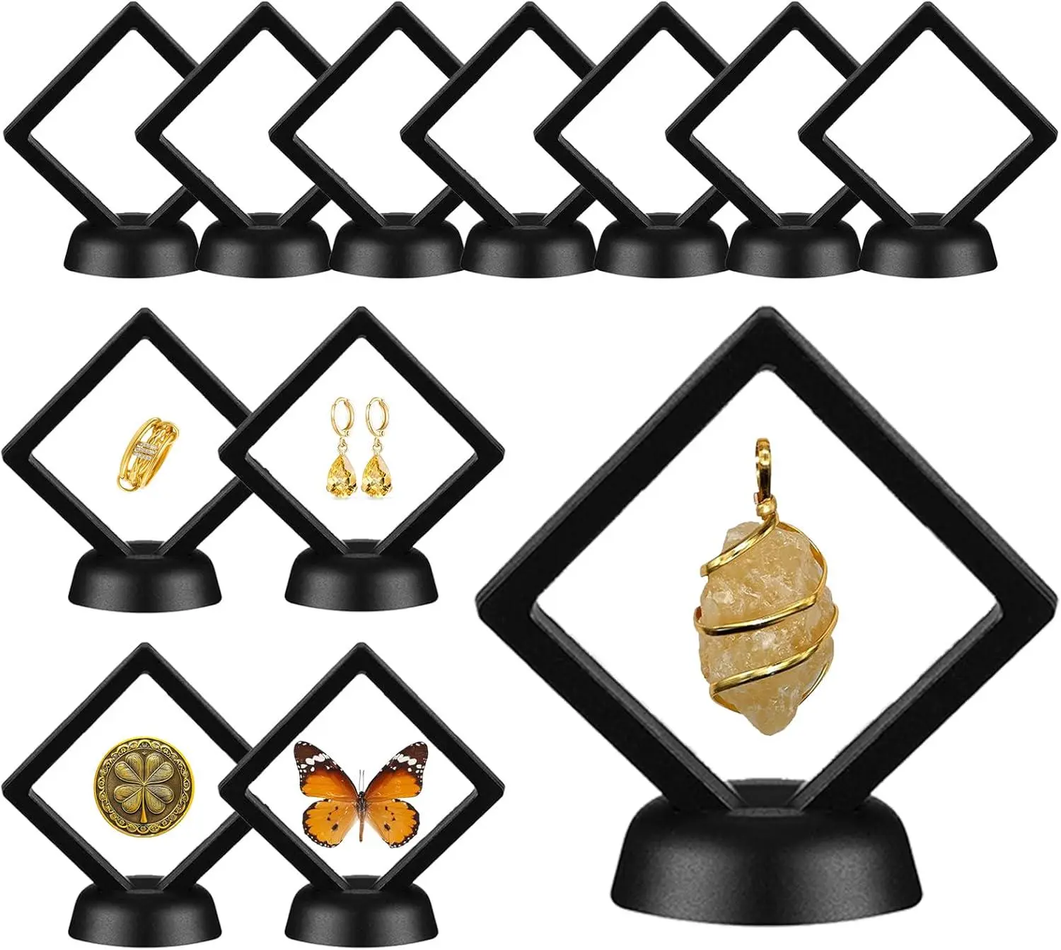 12 pieces black 3D film display box, square suspended display rack set, can store small jewelry, minerals, coins, badges, photos, and crafts, suitable for multi-purpose display racks in home and office scenes