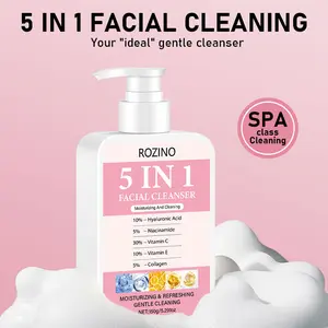 ROZINO 5 IN 1 Facial Cleanser Gentle Pore Refining Daily Wash for Oily & Dull Skin Clear Oil Balancing with Hyaluronic Acid Niacinamide Vitamin C E Collagen