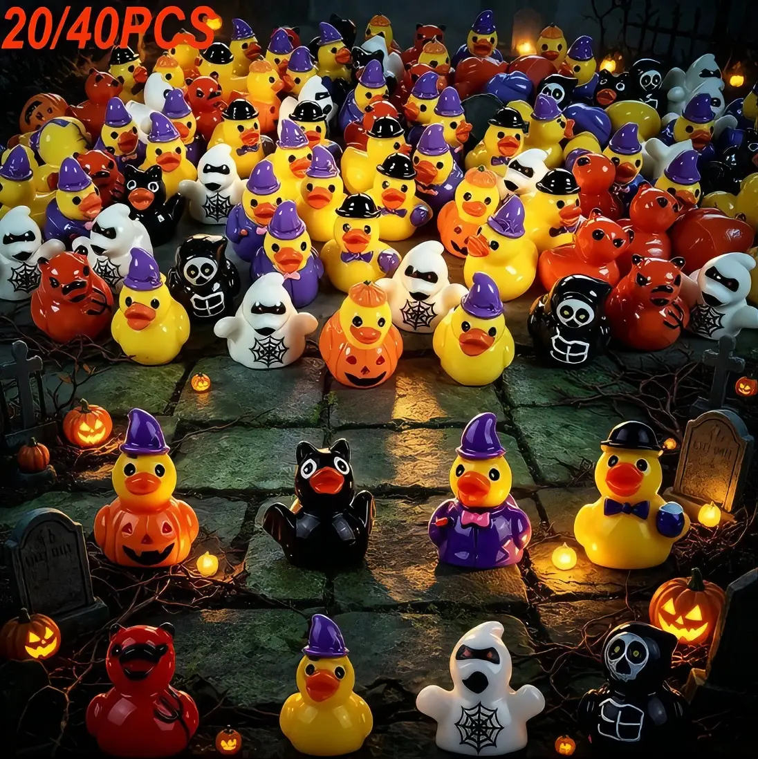 Halloween‑Themed Mini Resin Ducks, 8 Assorted Styles Including Devil‑Pumpkin, Skull & Spider Designs, for Garden Decorations, Miniature Landscape Ornaments & DIY Party Gifts
