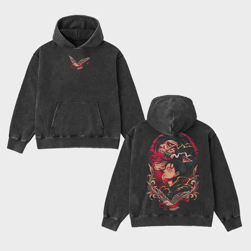 Retro Eren Yeager - Attack On Titan Unisex Oversize Acid Washed Heavyweight Cotton Hoodie, Anime Manga Graphic Design, Anime Japanese Merch Fan Enthusiast Apparel, Outfits Streetwear Men