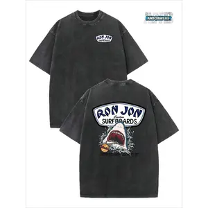 Shark Surfing Pattern Men's Summer Round Neck Short Sleeved T-Shirt, Unisex T-Shirt, Comfortable And Fashionable, Men's Clothing, 230G Washed Cotton High-Quality Double-Sided Printed Retro Washed Cotton T-Shirt, Suitable For Retro Street Style