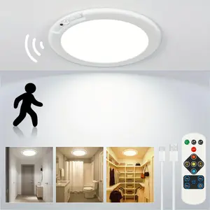 Rechargeable LED Ceiling Light with Motion Sensor, 3 Lighting Options, Operated Closet Lights, Remote Control Dimmable Timing Motion Shower Lights for Living Bathroom Pantry Hallway Porch
