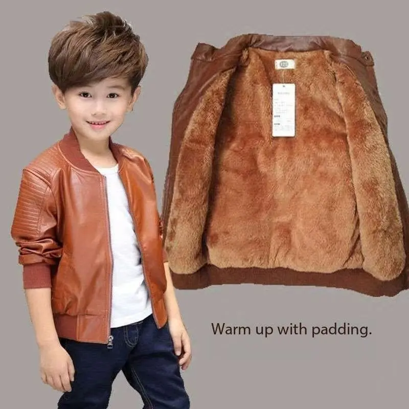Boys' PU Leather Full-Zip Stand Collar Blazer - Child-Sized Boys' Jackets, Medium-Length Versatile Outerwear Piece, Stylish and Practical All-Season Coat, Machine-Washable Easy-Care, Long-Sleeve Zipper-Close, Plain, 3-4Y/4-5Y, Everyday Wear