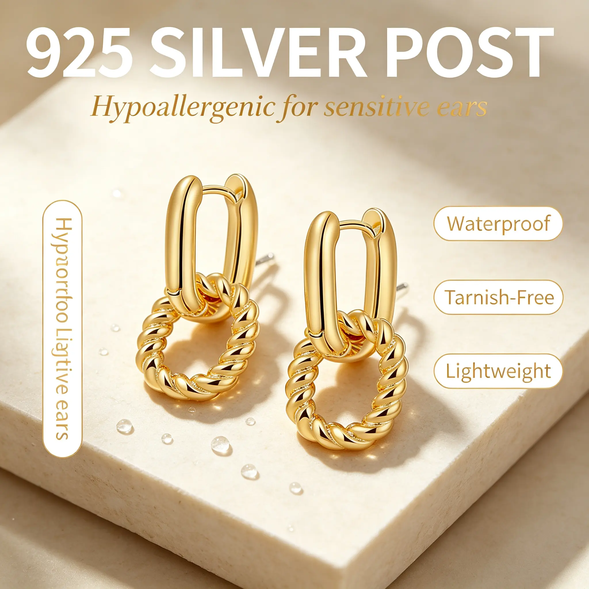 18K Gold Plated Twisted Rope Chain Link Drop Earrings for Women, 925 Sterling Silver Post Hypoallergenic, 2 Ways to Wear Waterproof Tarnish Free French Vintage Minimalist Jewelry Gift