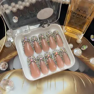 Rhinestones Handmade Press On Nails Set of 10 - Durable Design with Colorful Rhinestones acrylic fake flower pattern long square false nail 3D Press-On