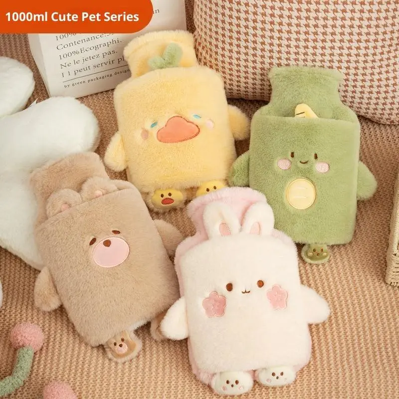 1000ml Winter Plush Hot Water Bag Cute Animal Hot Water Bottle with Plush Cover Portable for Hand Body Warmth Home Office Use