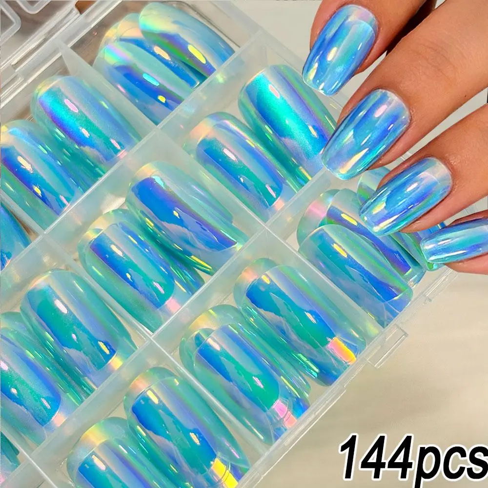 144pcs Glossy Chrome Aurora Blue Press on Nails Mirror Effect Medium Square Flase Nails Full Cover Acrylic Holographic Fake Nail