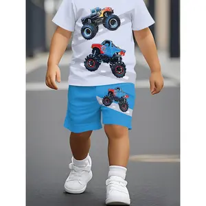[Boys' Summer Set] Trendy Mountain-Terrain Off-Road Vehicle Print Summer Short-Sleeved Set for Boys - Stylish and Comfortable Short-Sleeved Set - Perfect for Outdoor